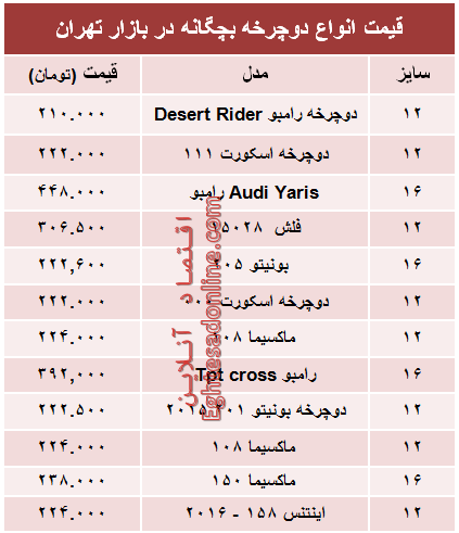 قیمت انواع دوچرخه بچگانه در بازار +جدول