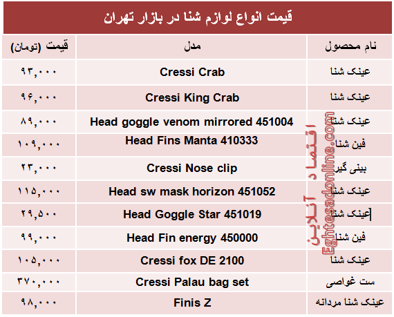 قیمت انواع لوازم شنا در بازار تهران +جدول