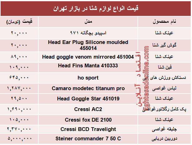 قیمت انواع لوازم شنا در بازار تهران +جدول