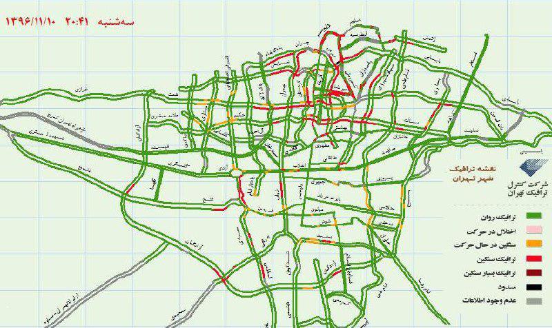 وضعیت ترافیکی تهران در ساعات پایانی سه‌شنبه +نقشه