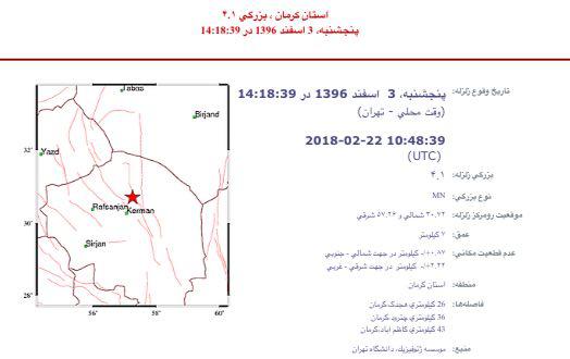 زلزله‌ ۴.۱ریشتری در هجدک کرمان