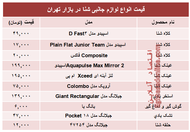 قیمت انواع لوازم جانبی شنا در بازار تهران؟ +جدول