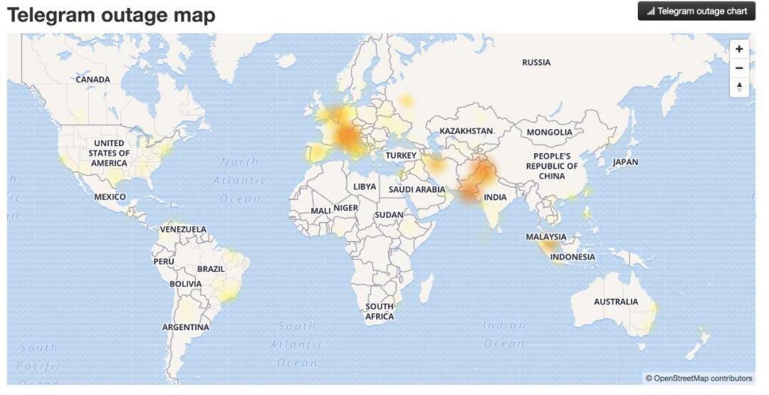 نقشه تلگرام از قطعی‌ ایجاد شده در سراسر جهان