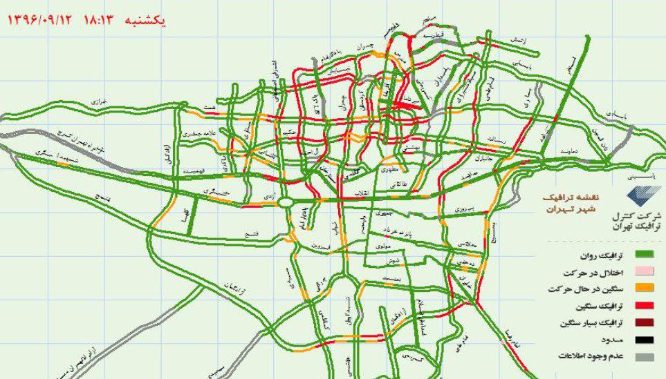 وضعیت حال حاضر ترافیک بزرگراه‌های تهران +نقشه