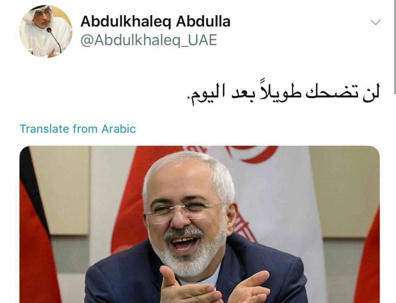 مشاور ولیعهد امارات خطاب به ظریف: دیگر لبخند نخواهی زد!