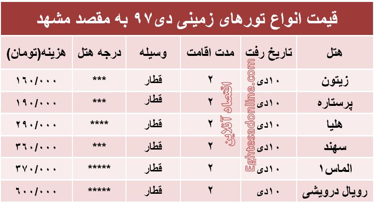 تور زمینی مشهد چند؟