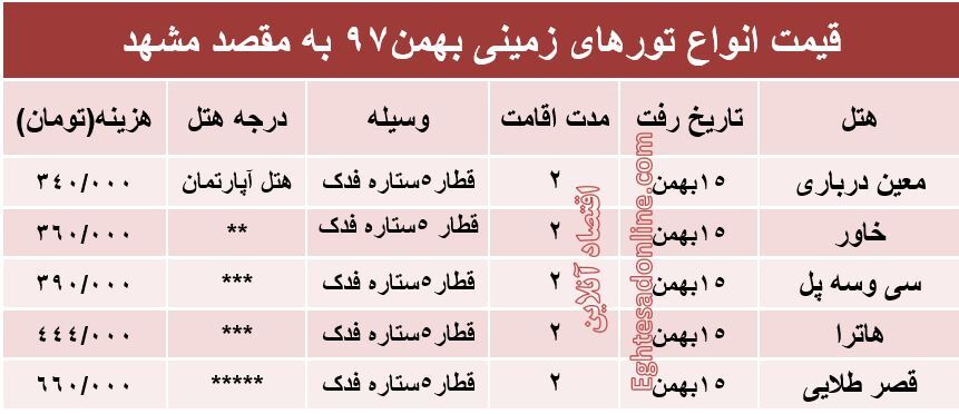 تور زمینی مشهد چند؟