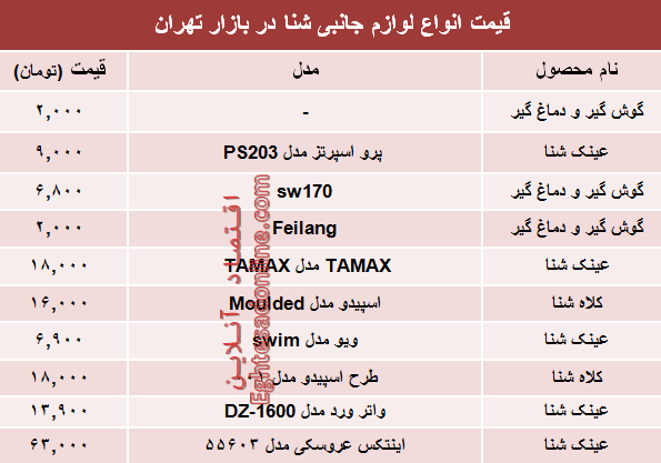 نرخ انواع لوازم جانبی شنا در بازار چند؟ +جدول