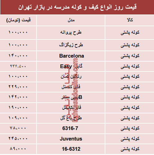 مظنه انواع کیف و کوله مدرسه دربازار تهران؟ +جدول