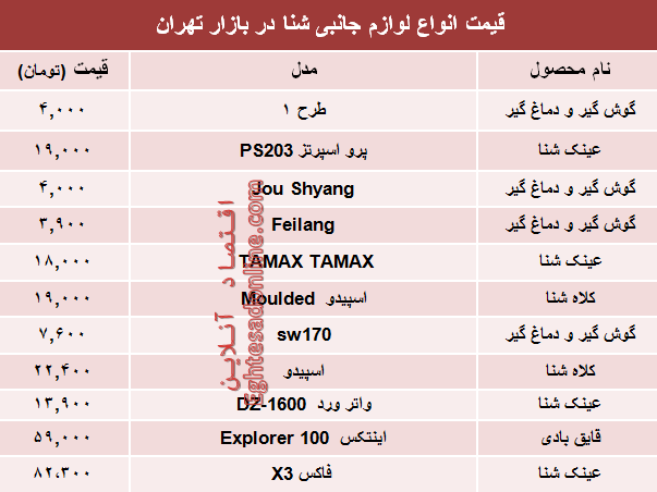 قیمت انواع لوازم جانبی شنا در بازار چند؟ +جدول