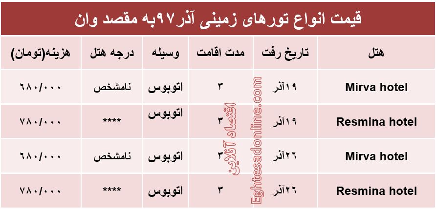 تور زمینی به مقصد وان ترکیه چقدر هزینه دارد؟