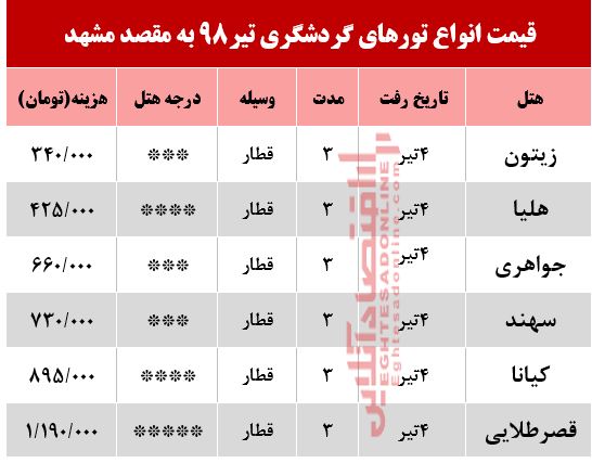 تور زمینی مشهد چند؟