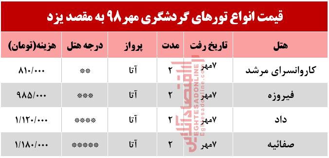 تور هوایی یزد چند؟