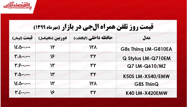 موبایل ال جی چند؟ +جدول