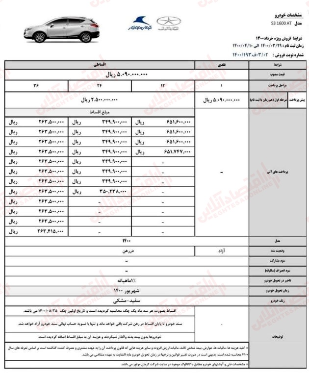 فروش اقساطی جک S3 (تحویل ۳ماهه)