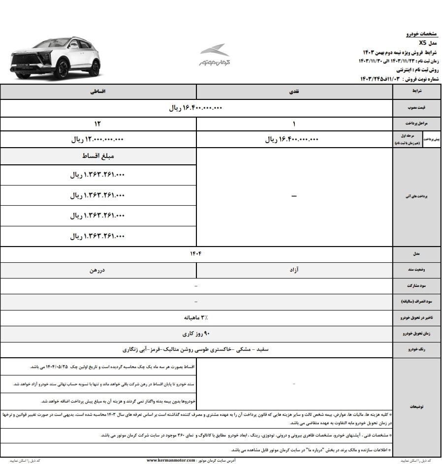 فروش ویژه ۵ مدل خودروی کرمان موتور  نیمه دوم بهمن ۱۴۰۳ / تحویل ۳ ماهه