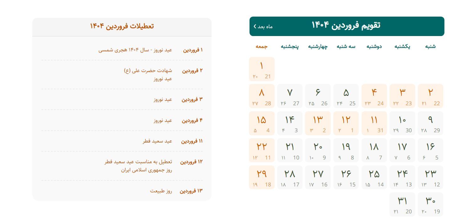 تعطیلات عید ۱۴۰۴ از چه روزی آغاز می‌شود؟ + تقویم فروردین ۱۴۰۴