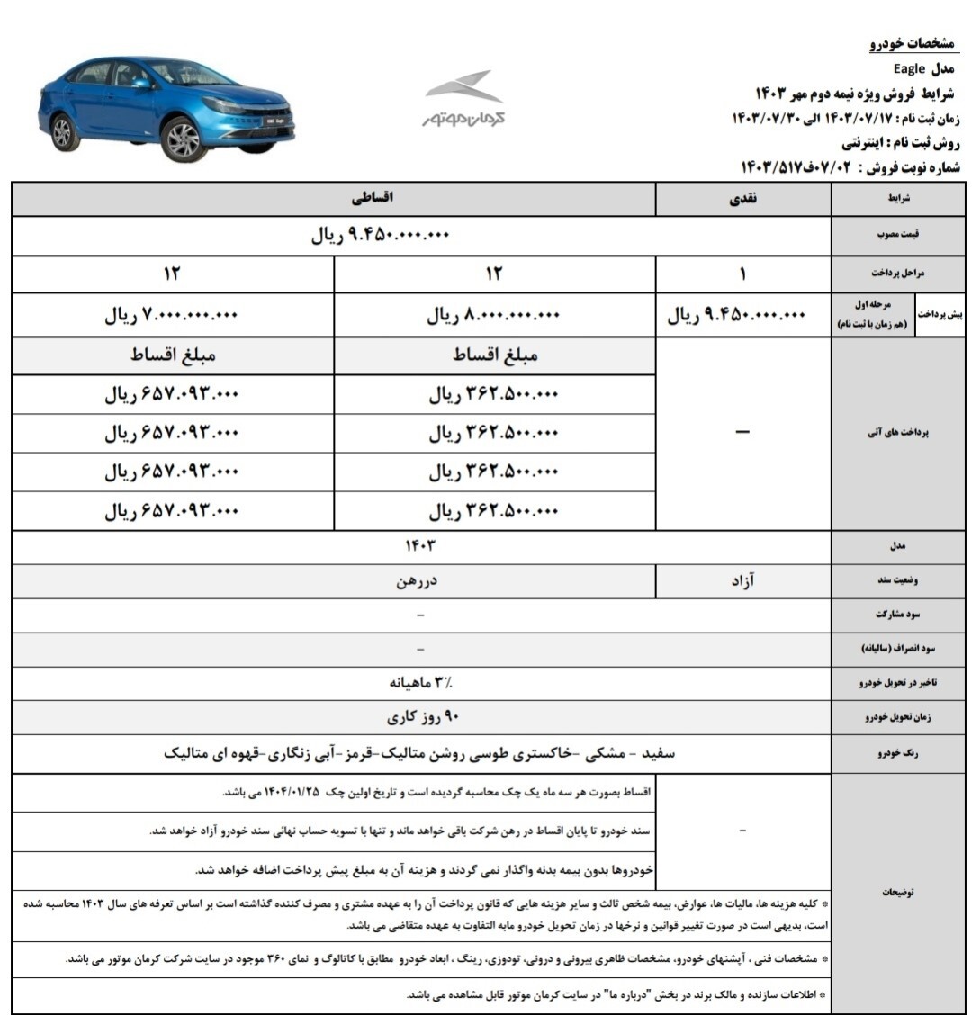 جدیدترین شرایط فروش کی ام سی ایگل ویژه مهرماه ۱۴۰۳ اعلام شد