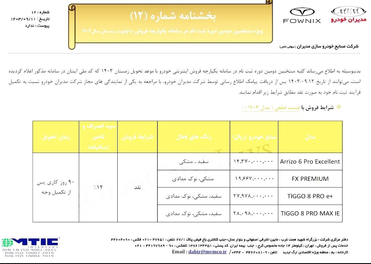 جزئیات فروش نقدی ۴ محصول مدیران خودرو ویژه آذر ۱۴۰۳ اعلام شد + لینک ثبت نام