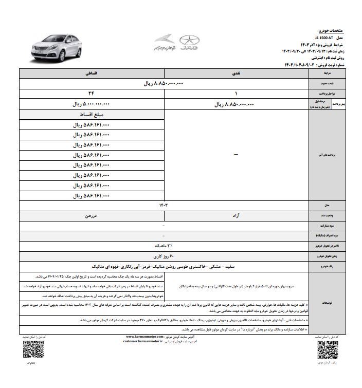 شرایط فروش نقدی و اقساطی سه محصول کرمان موتور اعلام شد