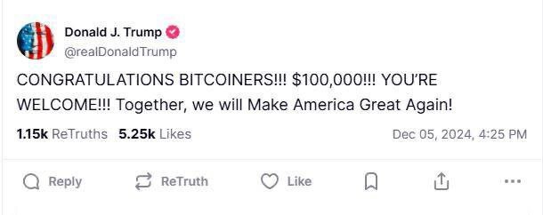 ترامپ رسیدن قیمت بیتکوین به ۱۰۰ هزار دلار را تبریک گفت! ترامپ رسیدن قیمت بیتکوین به ۱۰۰ هزار دلار را تبریک گفت!