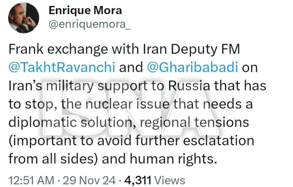 انریکه مورا: مذاکره مثبتی با مقامات ایرانی داشتم انریکه مورا: مذاکره مثبتی با مقامات ایرانی داشتم