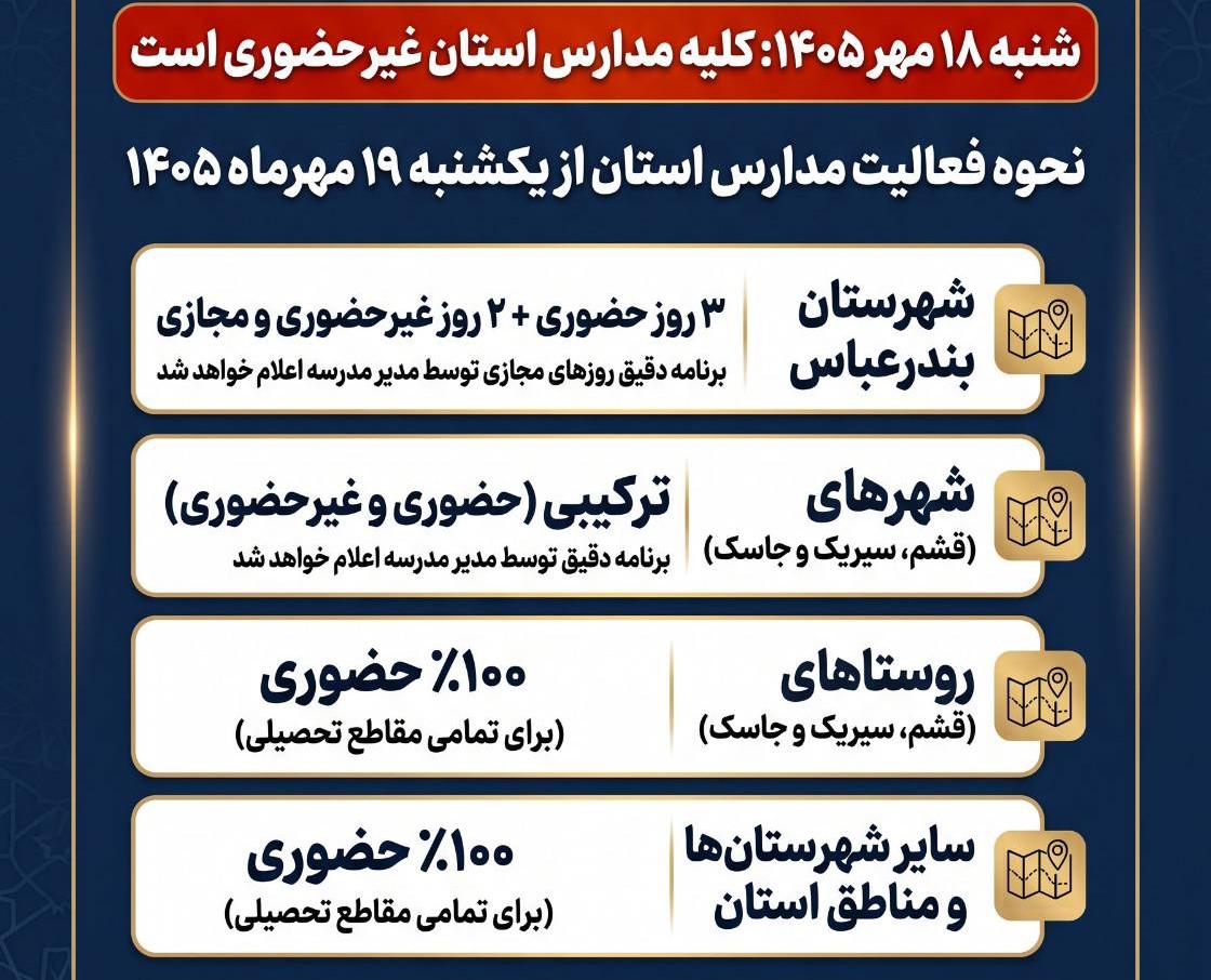 فوری / مدارس فردا شنبه ۱۸ مهر ۱۴۰۵ تعطیل شد فوری / مدارس فردا شنبه ۱۸ مهر ۱۴۰۵ تعطیل شد
